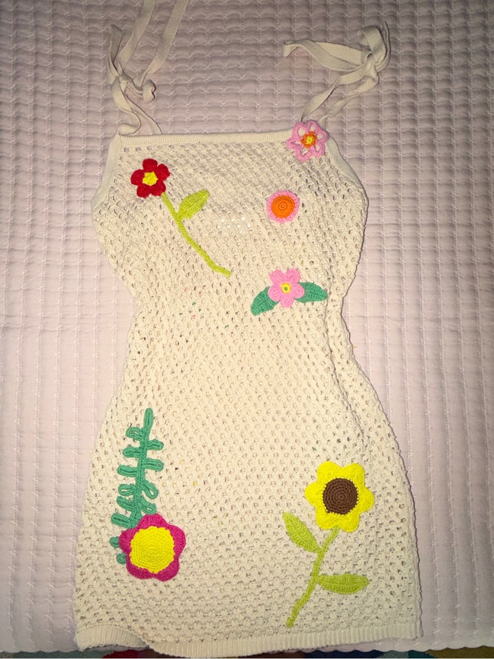Lovers + Friends Cream Crochet Mini Dress with Neon Floral Accents